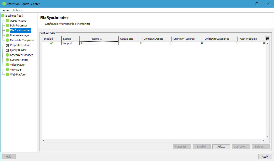 Attention Control Center with File Synchronizer selected. The table lists the afs instance with columns for status, queue size and unknown assets.