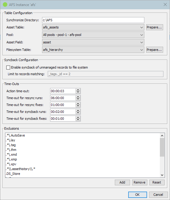 AFS instance settings with the synchronised directory, asset table, pool, time-outs and a list of excluded file patterns.