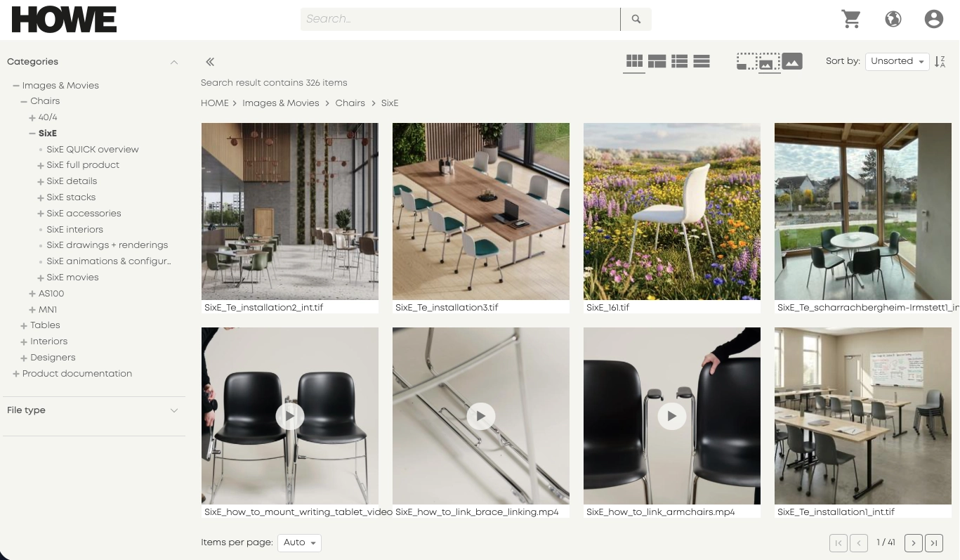 Thumbnailvisning i Howes portal. Til venstre et udfoldet kategorihierarki fra Images & Movies over Chairs til stolemodellen SixE med underpunkter for detaljer, stabling, tilbehør og film; til højre 326 fundne emner vist som billeder med filnavn under hvert, hvoraf fire er videofiler med afspilningsikon. Nederst vælges antal emner pr. side, og siden er 1 af 41.