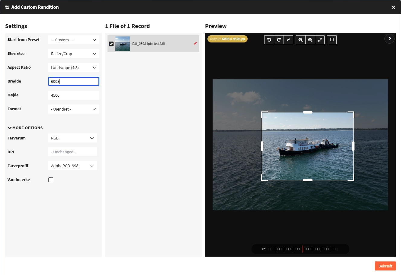 The Add Custom Rendition dialogue in Fylr. Down the left, fields for size, aspect ratio, width, height, format, colour space, DPI, colour profile and watermark; to the right, a preview where the crop on an aerial photograph of a ferry is set with handles, and the output size reads 6008 × 4506 px.