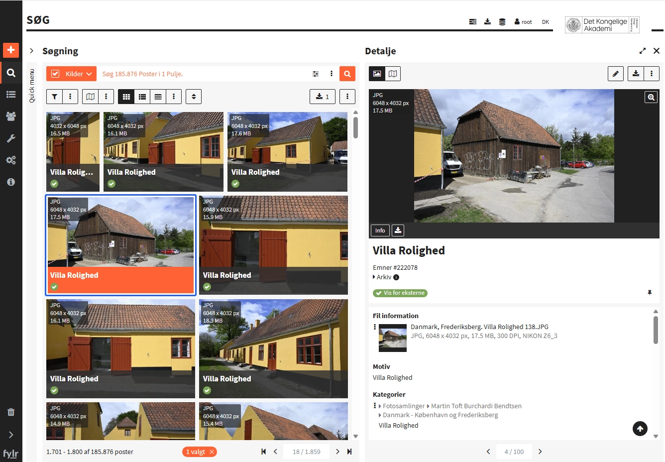 Search and detail side by side in Fylr. On the left, a grid of photographs of Villa Rolighed labelled with file format, pixel dimensions and file size, one of them selected; on the right, the selected image with its file information, subject and category fields, and a marker reading Vis for eksterne.